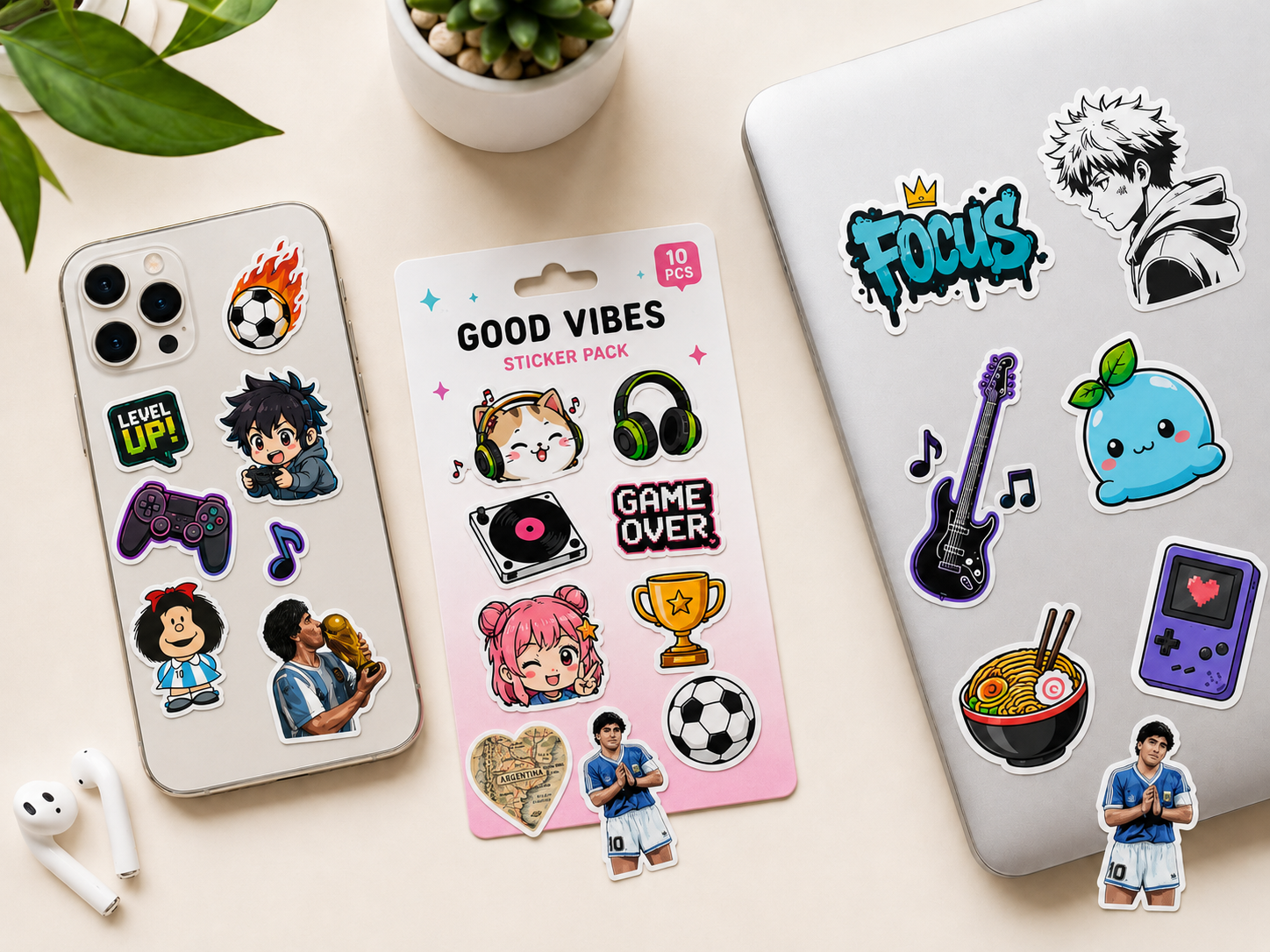 Stickers en celular, pack o superficie lisa
